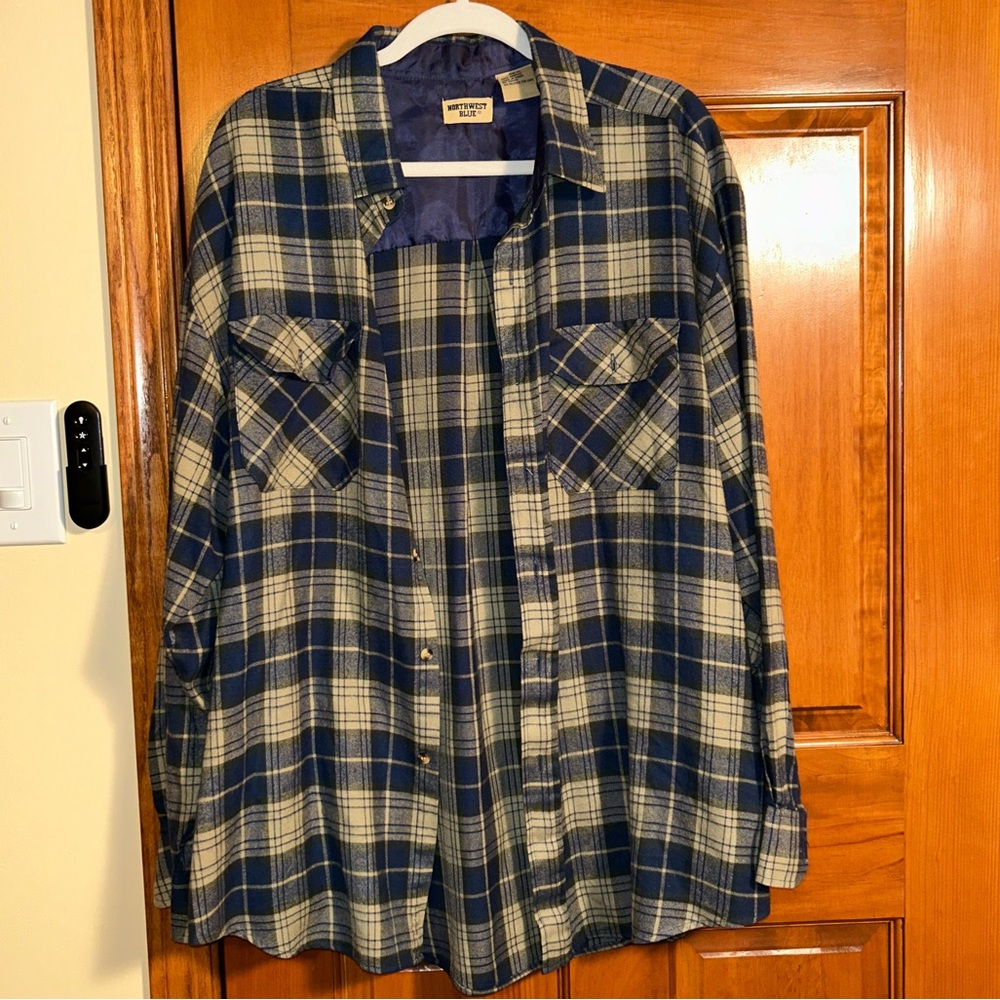 Northwest Blue - Blue, Green and Cream Plaid Button Down Flannel Shirt